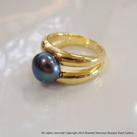 Cultured Freshwater Black Pearl Double Band Ring Gold 