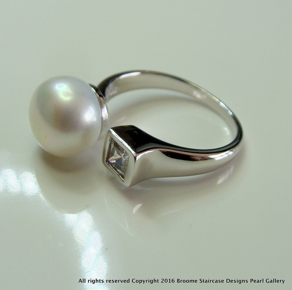 Cultured Pearl and CZ Ring Sterling Silver - Broome Staircase Designs Pearl Gallery - 1