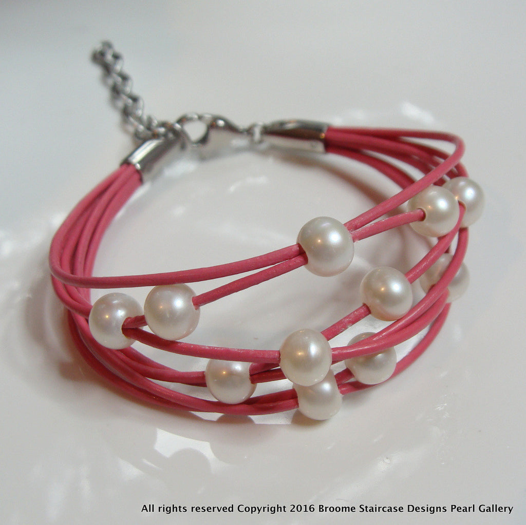 Gorgeous Girls Cultured Pearl Pink Multi-Strand Leather Bracelet 