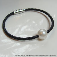 Cultured Freshwater Pearl Bracelet Black Plaited Leather