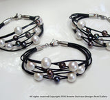 Cultured Pearl Leather Bracelet - White and Black Pearls