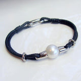 Pearl and Leather Bracelet Blue, Black and Metallic Silver!