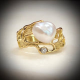 Saltwater Keshi Pearl 18ct Gold and Diamond Ring