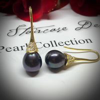 Cultured Freshwater Black Pearl & Cubic Zirconia Earrings Gold