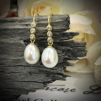 Cultured Freshwater White Pearl and CZ Hook Earrings