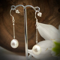 Cultured Freshwater White Pearl Long Chain Drop Hooks - Sterling Silver