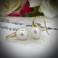 Cultured White Pearl Gold Hook Earrings