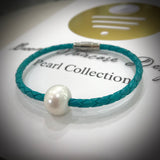 Cultured Freshwater Pearl Bracelet Turquoise Plaited Leather