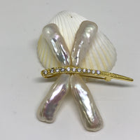 Freshwater Pearl & Cubic Zirconia Dragonfly Pendant / Brooch - gold