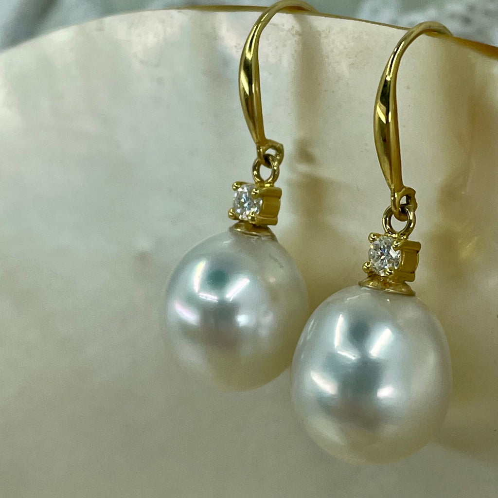 Broome Pearl Diamond 18ct Gold Hook Drop Earrings