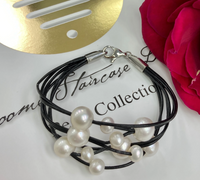 Cultured Freshwater White Pearl Leather Multi Strand Bracelet 
