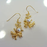 Coral Design Cultured Freshwater Pearl Earrings Gold