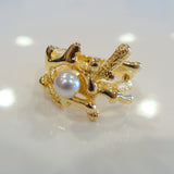 Coral Design Cultured Freshwater Pearl Ring Gold