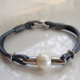 Pearl and Leather Bracelet BLACK, METALLIC GREY AND BLUE- READY FOR SUMMER